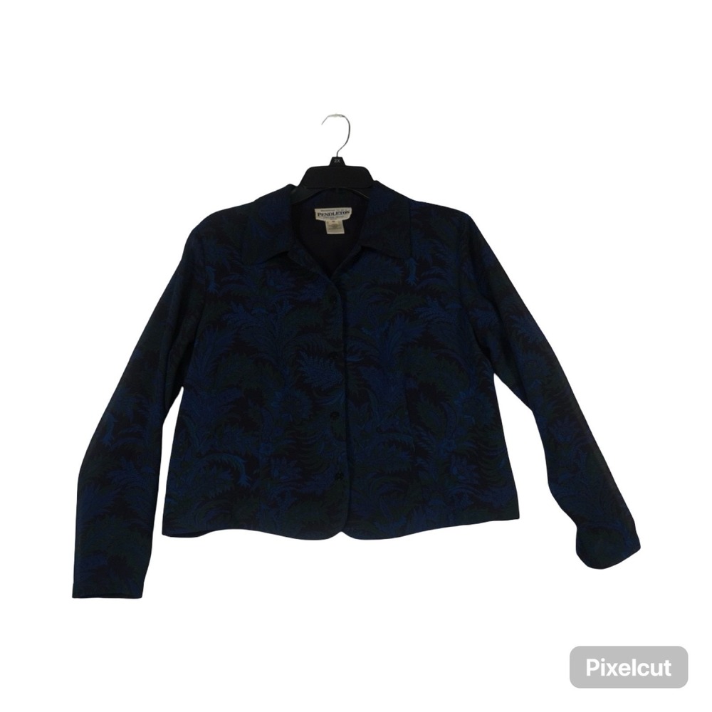 Pendleton Blazer Jacket Womens 10 Petite Blue Green Paisley Brocade Button Front